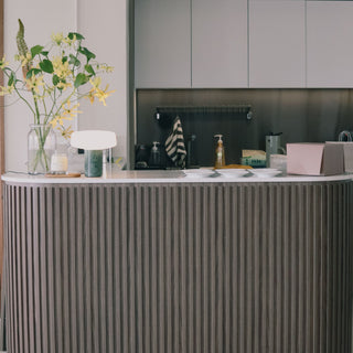 Modern reception desk with plants and accessories